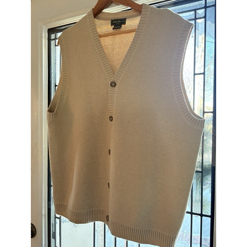 Eddie Bauer Vintage Knit V-Neck Button Front Sweater Vest Beige Sz XL Heritage - Picture 4 of 8